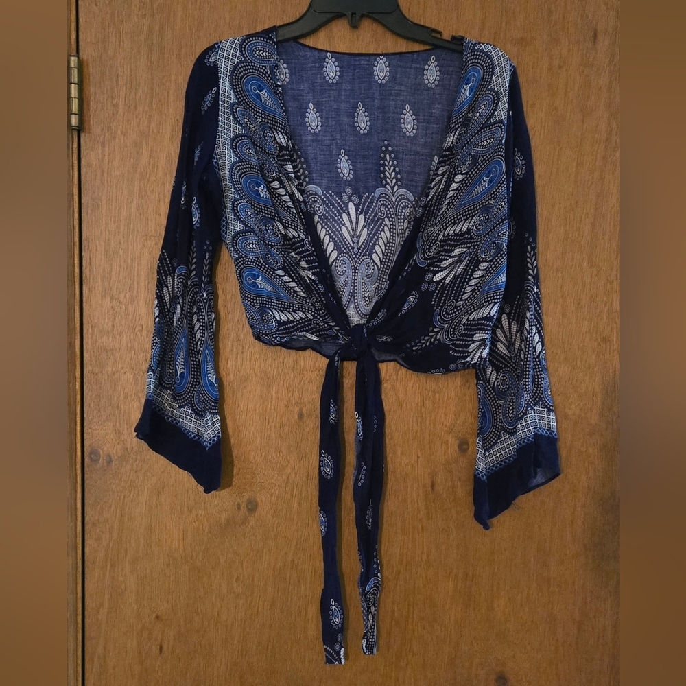 Chic Navy Paisley Tie-Front Blouse